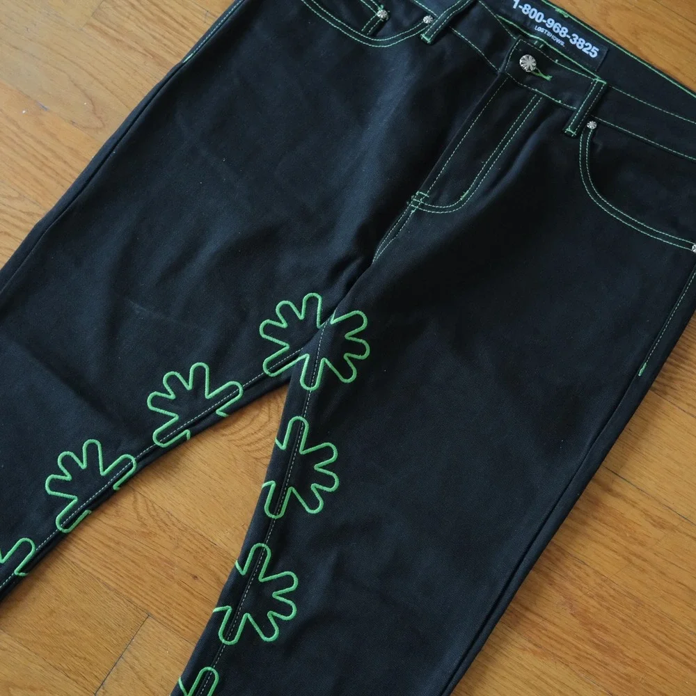 Lost SHDWS Green Outline Denim Jeans Mens Black Floral Streetwear 36 Straight